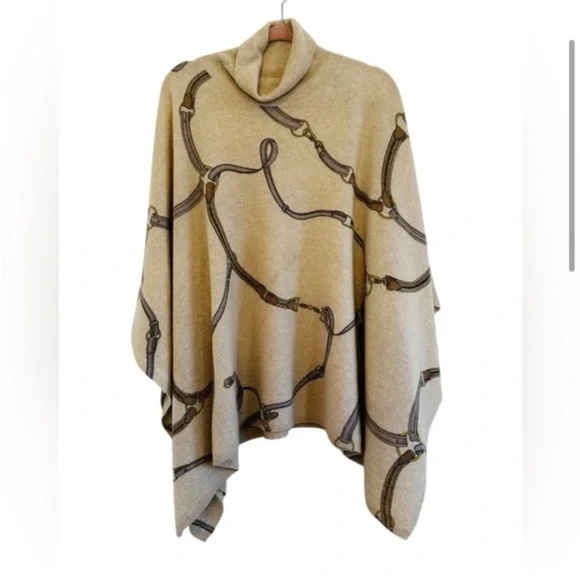 J. McLaughlin Beige Equestrian Chain Print Cashmere Turtleneck Poncho Sweater - Picture 6 of 8